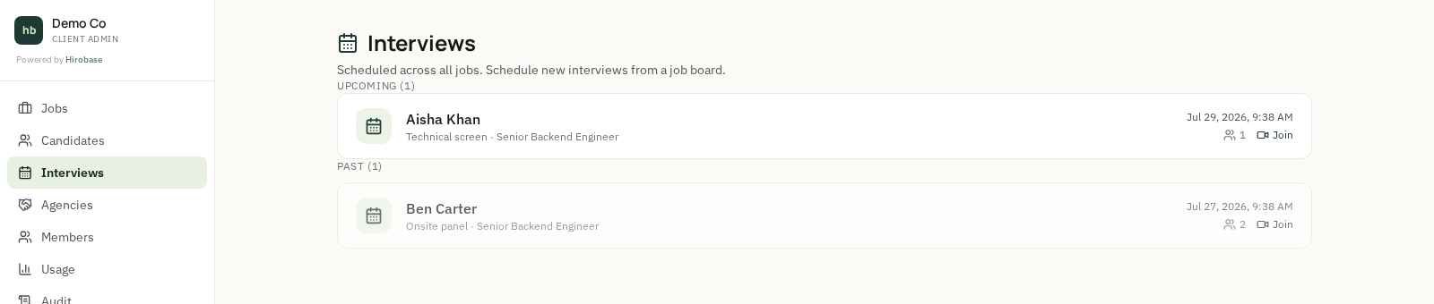 Hirobase interviews page with upcoming and past interviews