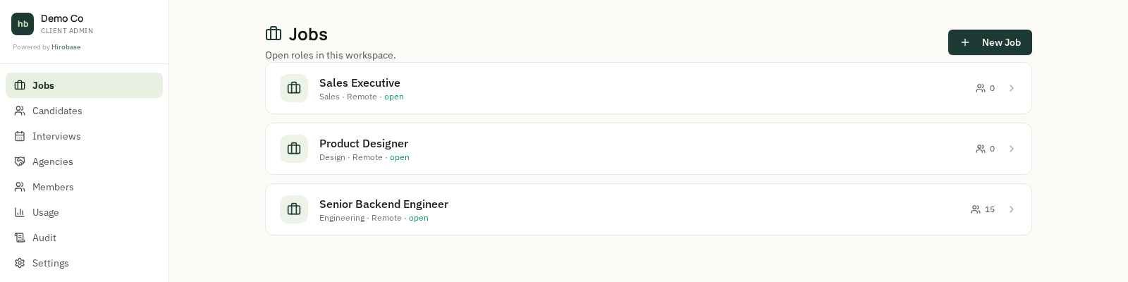 Hirobase jobs list showing open roles with applicant counts