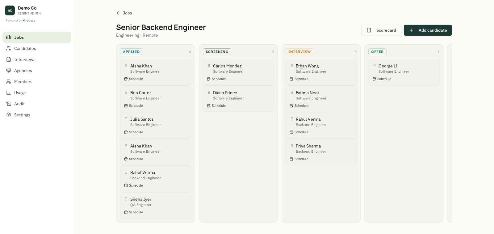 Hirobase job pipeline board with candidates across Applied, Screening, Interview and Offer stages